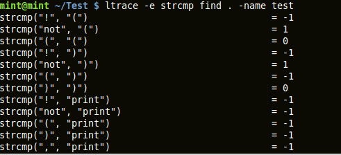 output of ltrace capturing &apos;strcmp&apos; library call