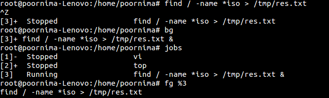 output of fg, bg and jobscommands