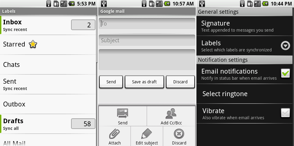 Gmail在安卓1.0的標籤視圖，寫郵件界面，以及設置。