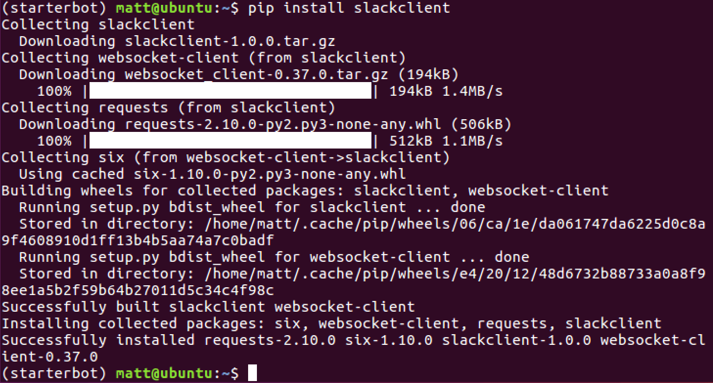 在已經激活的 virtualenv 用 pip 安裝 slackclient 的輸出