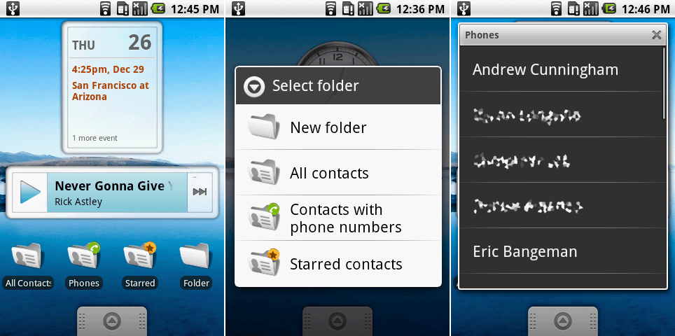 左：日曆小部件，音樂小部件以及一排實時文件夾的截圖。中：文件夾列表。右：「帶電話號碼的聯繫人」實時文件夾的打開視圖。