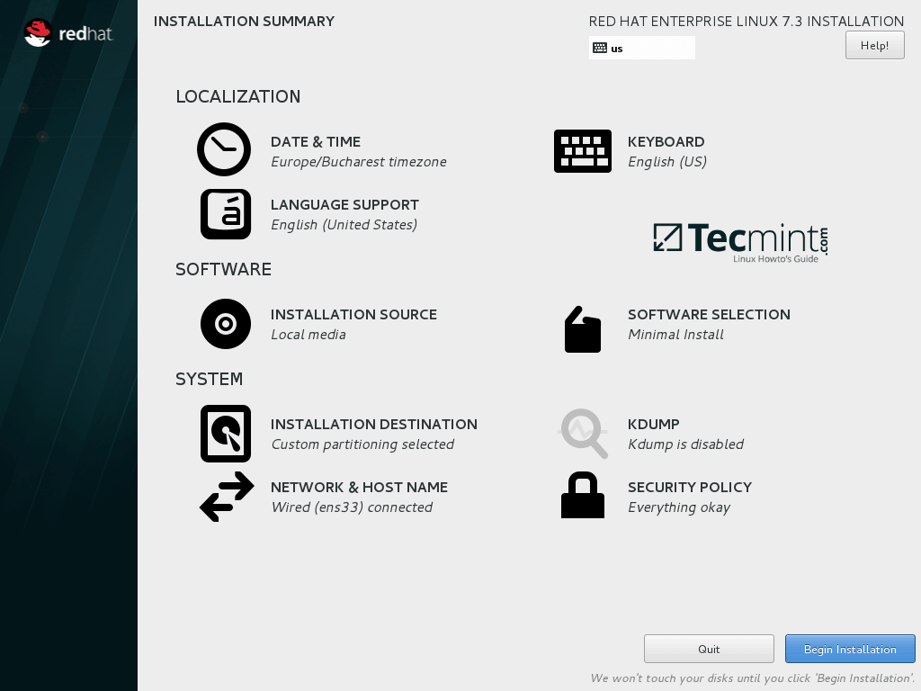 Begin Installation of RHEL 7.3