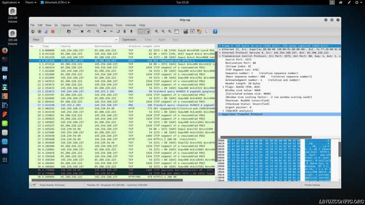 Wireshark listing TCP packet info