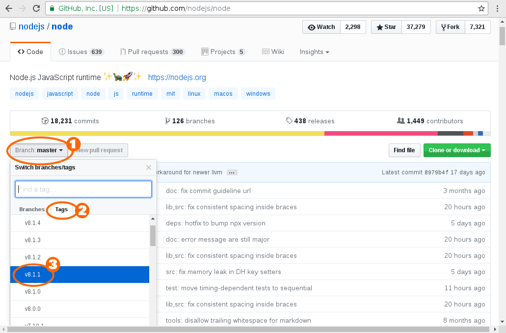 Choose the v8.1.1 tag in the NodeJS GitHub repository