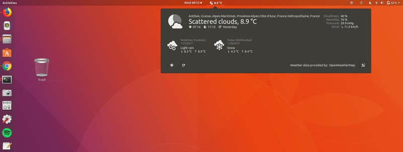 GNOME Shell 擴展顯示天氣信息