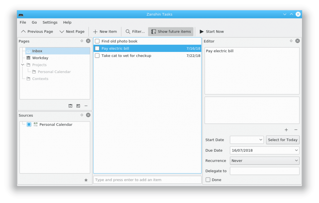 Screenshot of Zanshin on Fedora 28