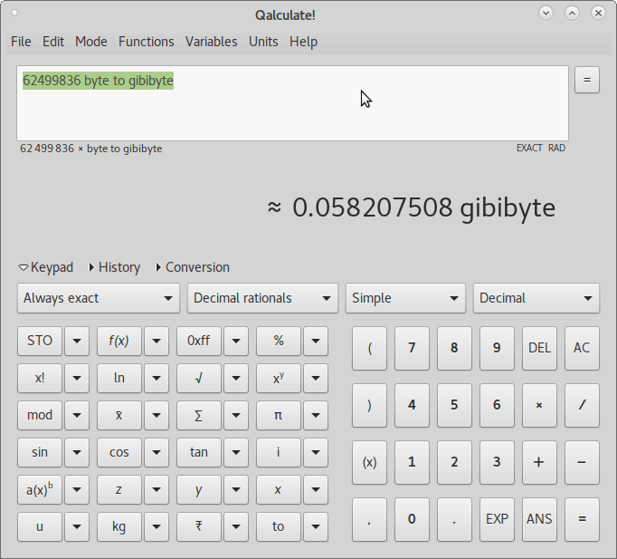 使用 Qalculate 進行位元組到 GB 的換算