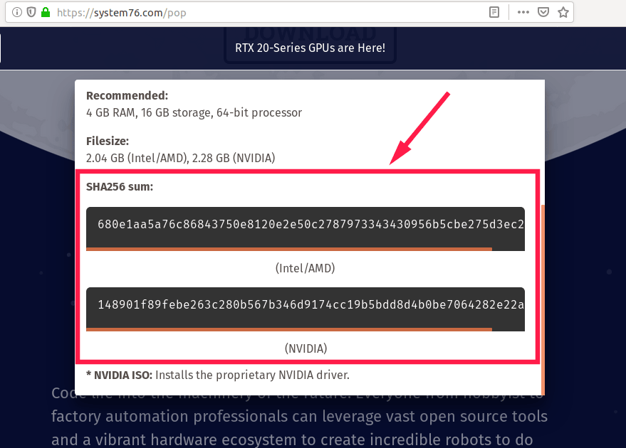 Pop os 位於其下載頁面中的 SHA256 校驗和