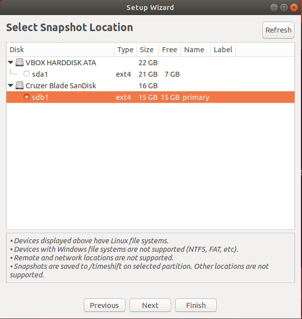 Select snapshot location