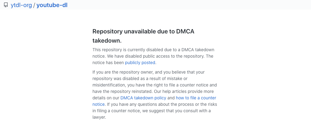 youtube-dl 項目的主頁已經被 DMCA 撤下