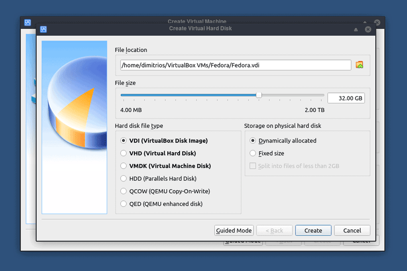 以 VDI 格式分配 15-20 GB 的磁碟空間