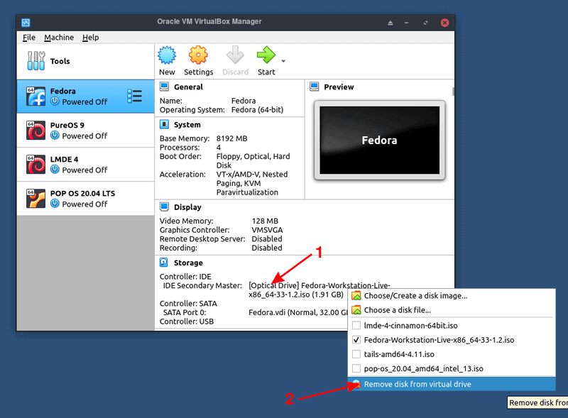 從光碟機中移走 Fedora ISO