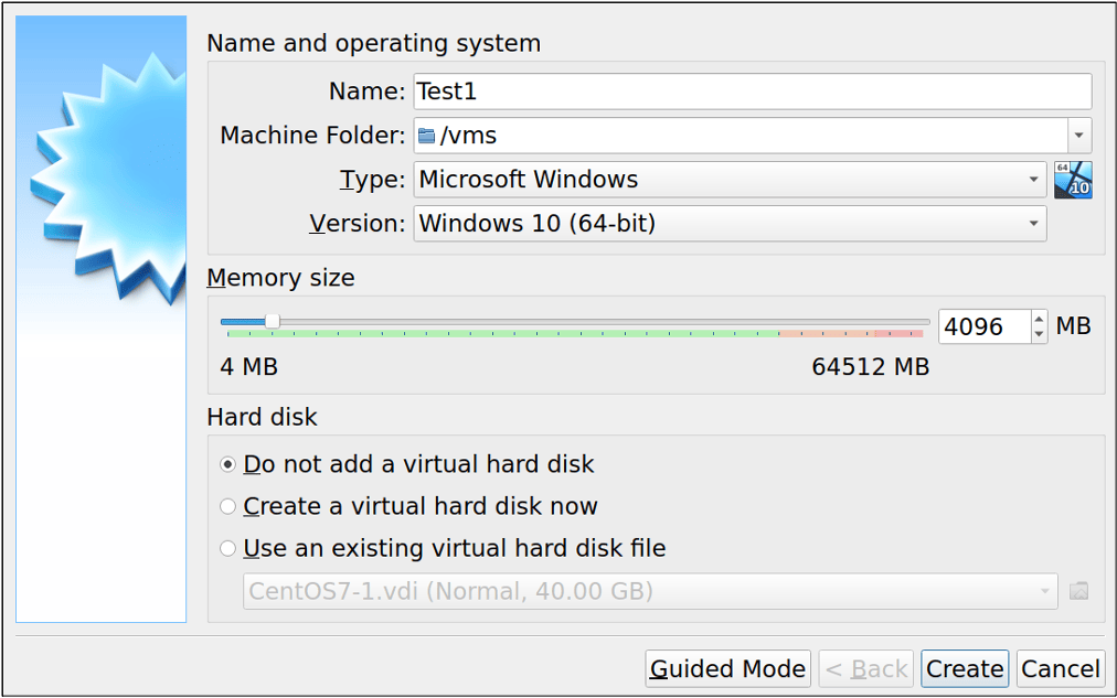 VirtualBox 對話框：創建新的虛擬機，但不添加硬碟