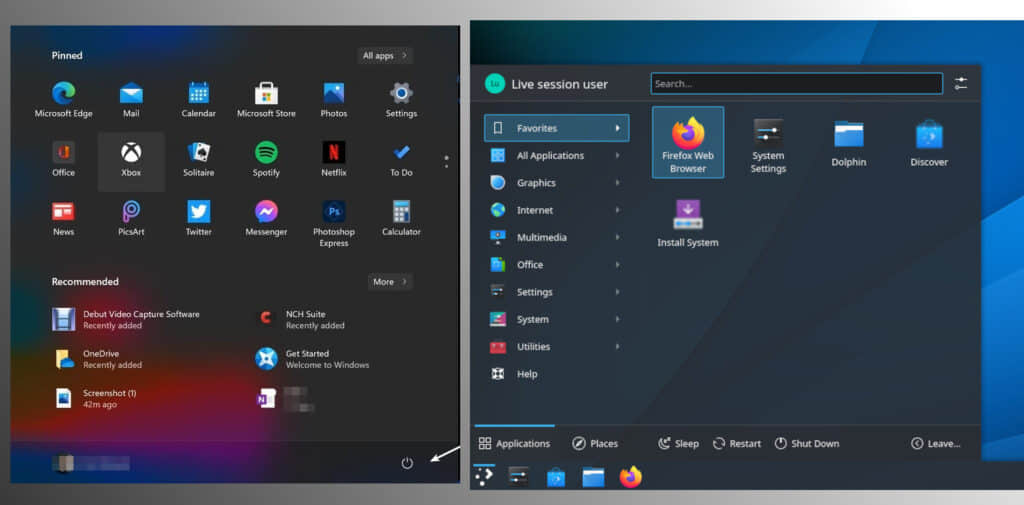 Windows 11 開始菜單與 KDE Plasma 的比較