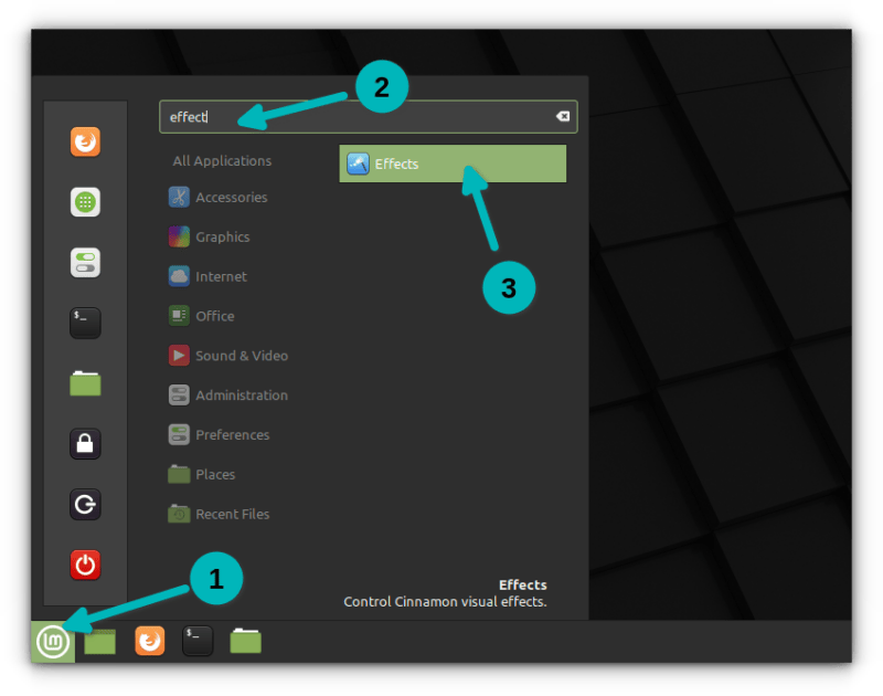 打開 Linux Mint Cinnamon 的效果設置