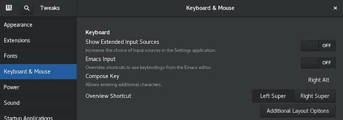 A screenshot shows the keyboard and mouse options visible. The &quot;Compose Key&quot; option is set to Right Alt.