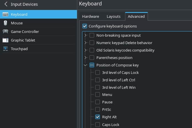 A screenshot shows the advanced options threaded under Keyboard settings. &quot;Configure keyboard options&quot; is checked, &quot;Position of Compose Key&quot; is checked within that menu, and &quot;Right Alt&quot; is checked within that menu.