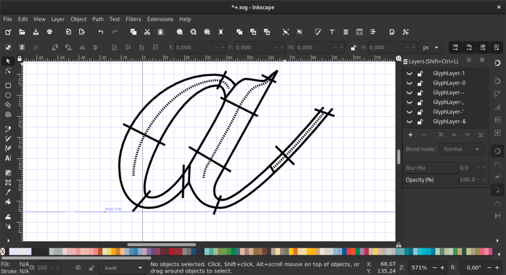 Inkscape with a 「Chopin」 glyph for satin stitching defined for the Lettering function