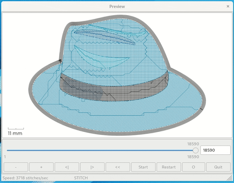 Nicubunu』s Fedora hat icon as embroidery. The angles for the stitches of the head part and the brim are different so that it looks more realistic. The outline is done in Satin stitching