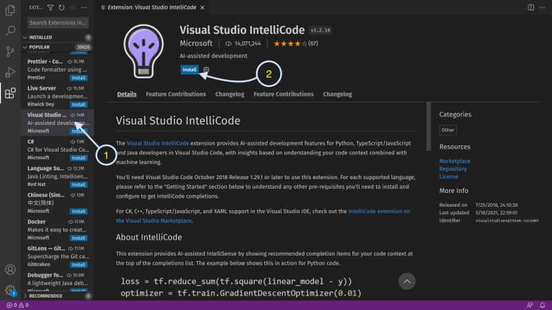 如何安裝 Visual Studio IntelliCode 等擴展