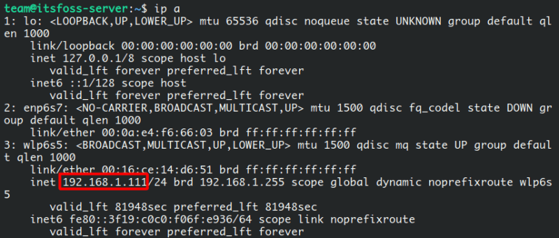 Using 「ip a」 to find the IP address