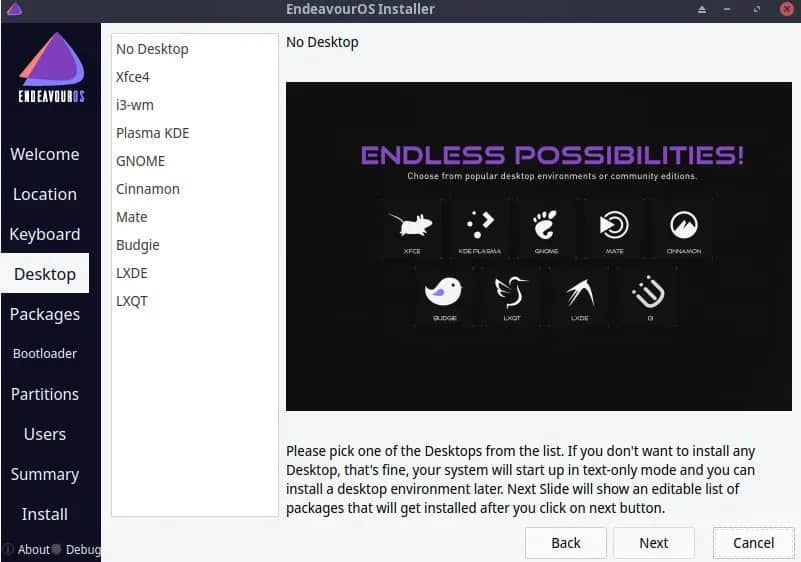 EndeavourOS 安裝程序顯示無桌面和其他選項