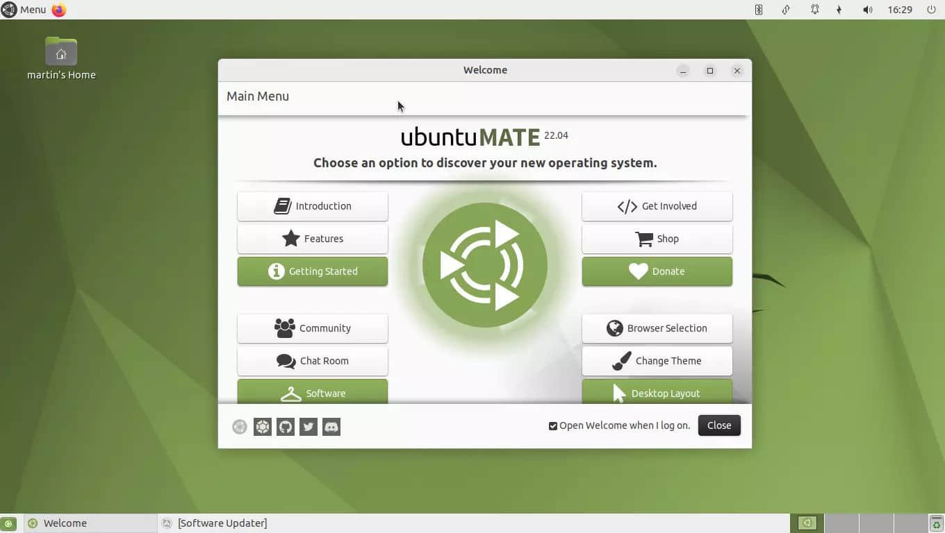 Ubuntu MATE 截圖，歡迎屏幕提供了各種選項，以獲得良好的開機體驗