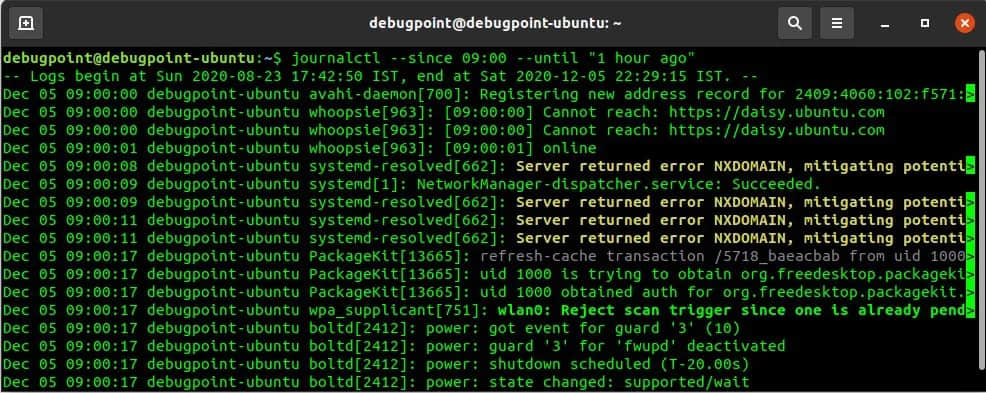 journalctl --since 09:00 --until