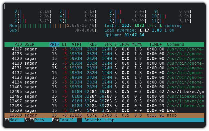 在 htop 中搜索進程