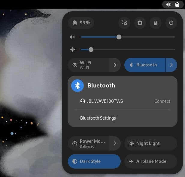 GNOME 44 快速設置面板中的藍牙設置截圖