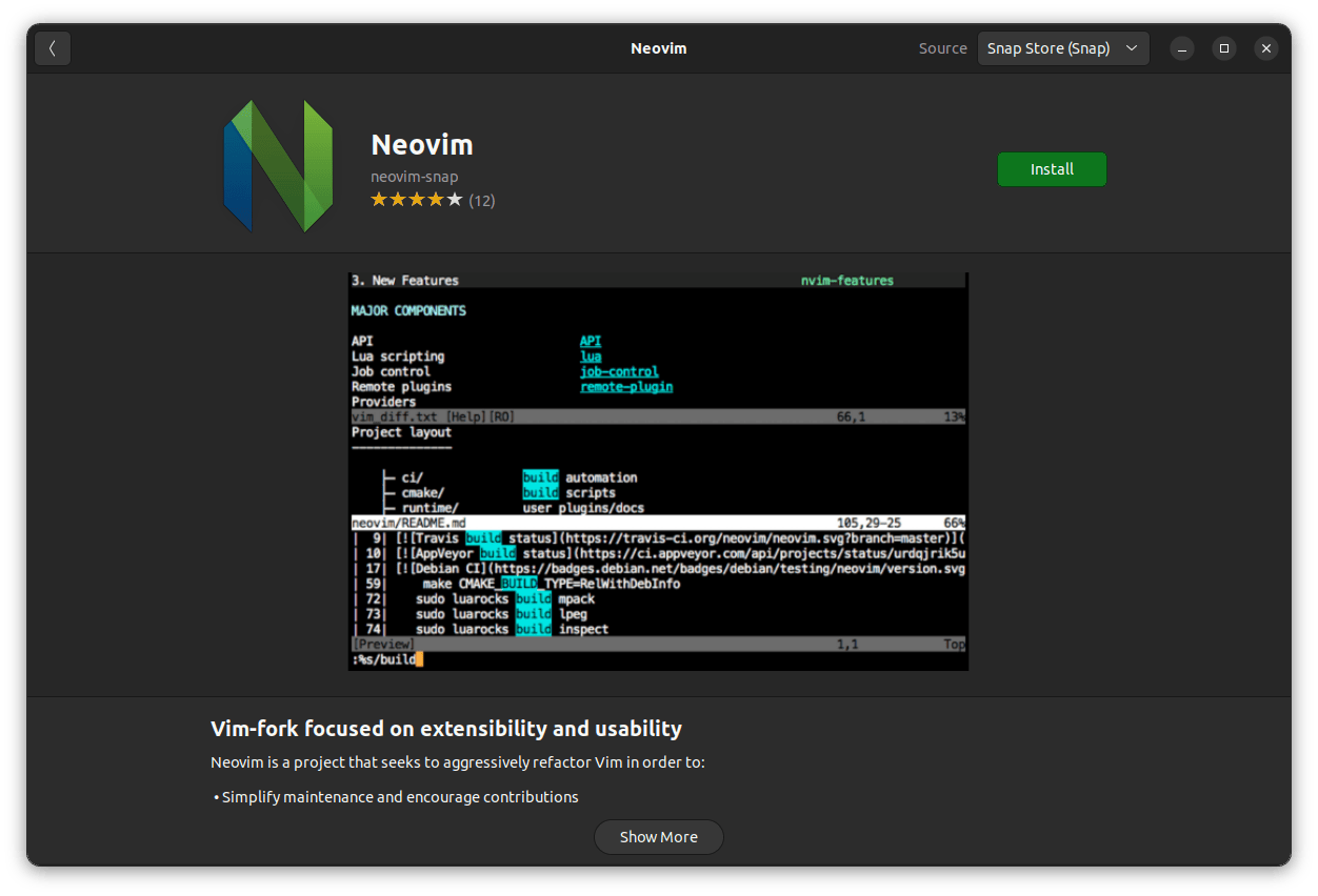 neovim listed on ubuntu software center