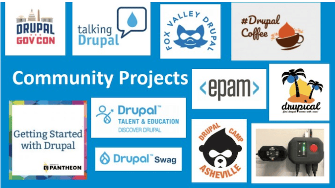 一張幻燈片，上面展示了許多 Drupal 社區項目徽標，包括區域性 Drupal 聚會、Drupal 咖啡、Drupal 人才和教育， 表明參與社區項目有著大量和廣泛的機會。