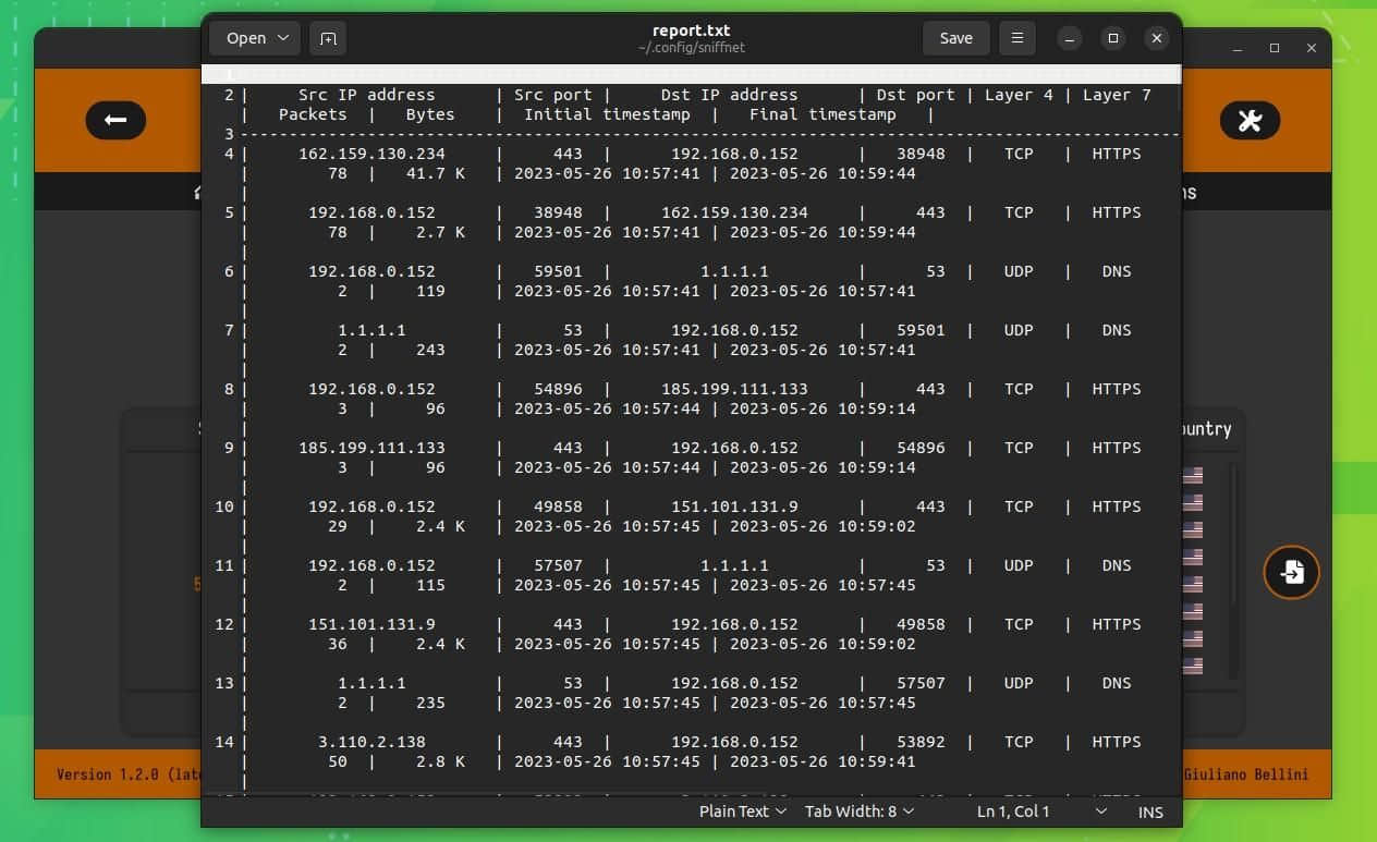 a screenshot of the connection report functionality on sniffnet