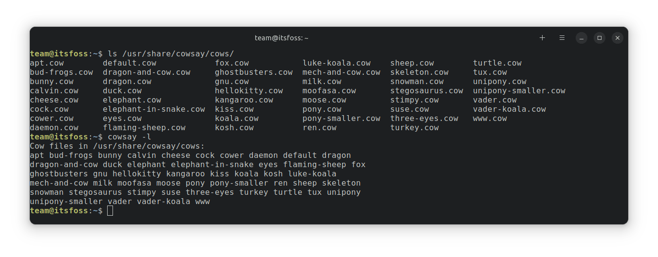 使用 &quot;ls /usr/share/cowsay/cows/&quot; 和 &quot;cowsay -l&quot; 列出的各种默认 cowsay 图像