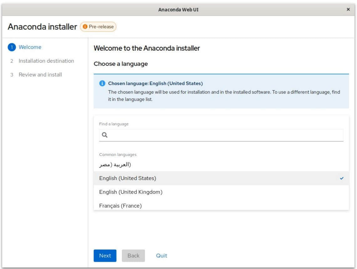 anaconda webui 安裝程序的預發布屏幕截圖