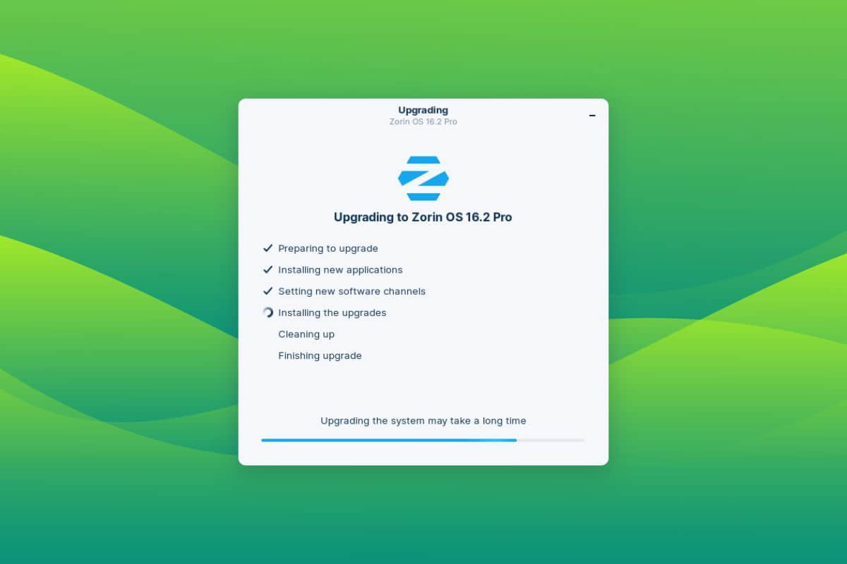 a screenshot of the zorin os updater&apos;s upgrade progress screen