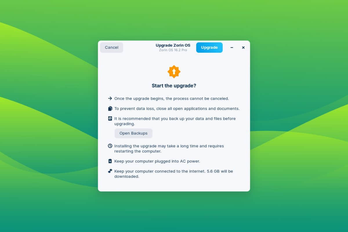 a screenshot of the zorin os updater&apos;s start the upgrade screen