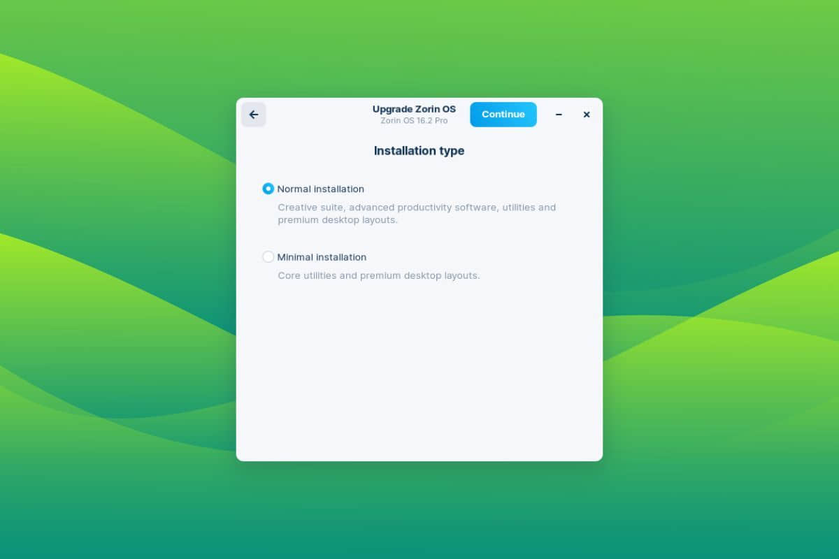 a screenshot of the zorin os updater&apos;s installation type selection screen