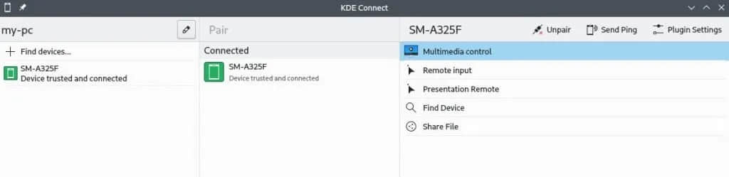 成功配對後的 KDE Connect