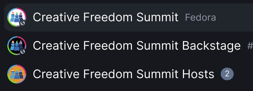以下是 Element 中顯示的三個聊天室列表的截圖：Creative Freedom Summit（白色徽標）、Creative Freedom Summit Backstage（黑色徽標）和 Creative Freedom Summit Hosts（橙色徽標）
