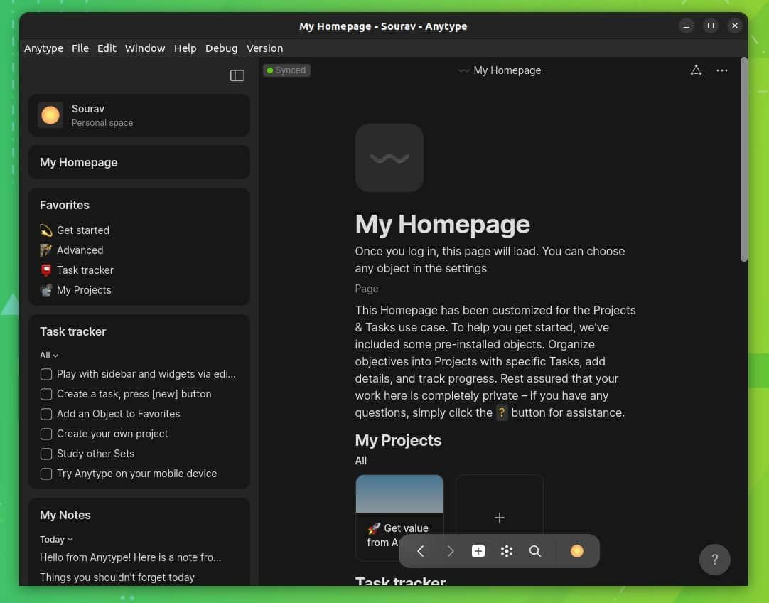 a screenshot of anytype&apos;s my homepage screen