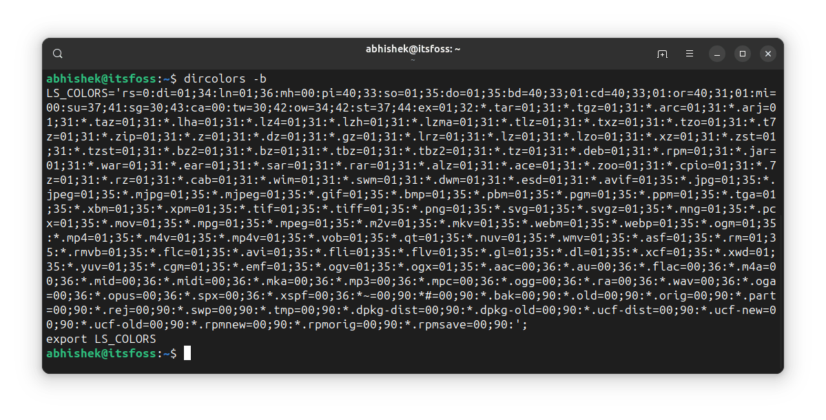 dircolors command output for bash