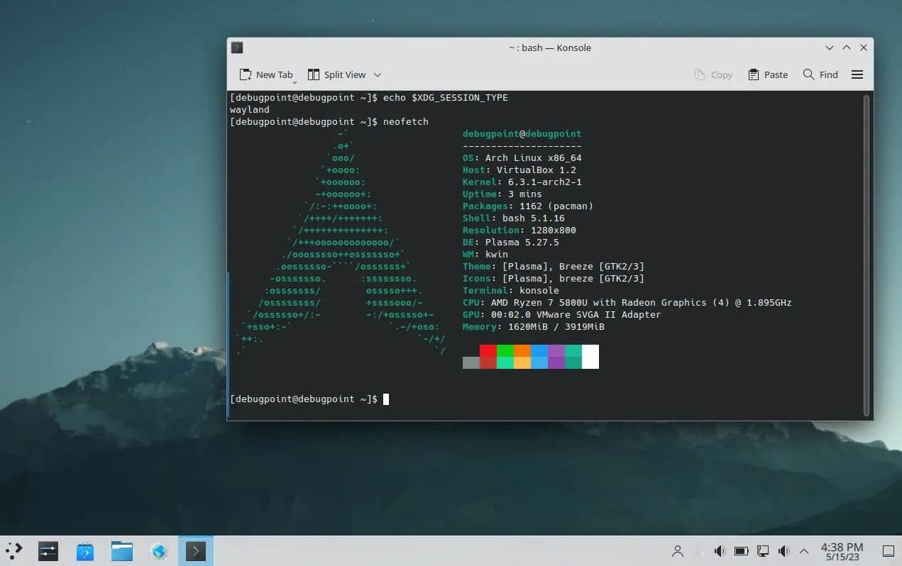 Arch Linux 中運行的 KDE Plasma 與 Wayland