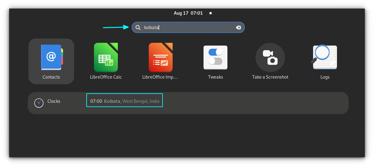 GNOME Shell 搜索中的世界时钟