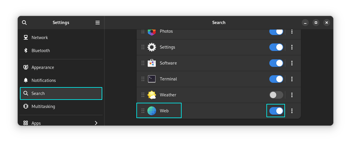 搜索設置中的 GNOME Web