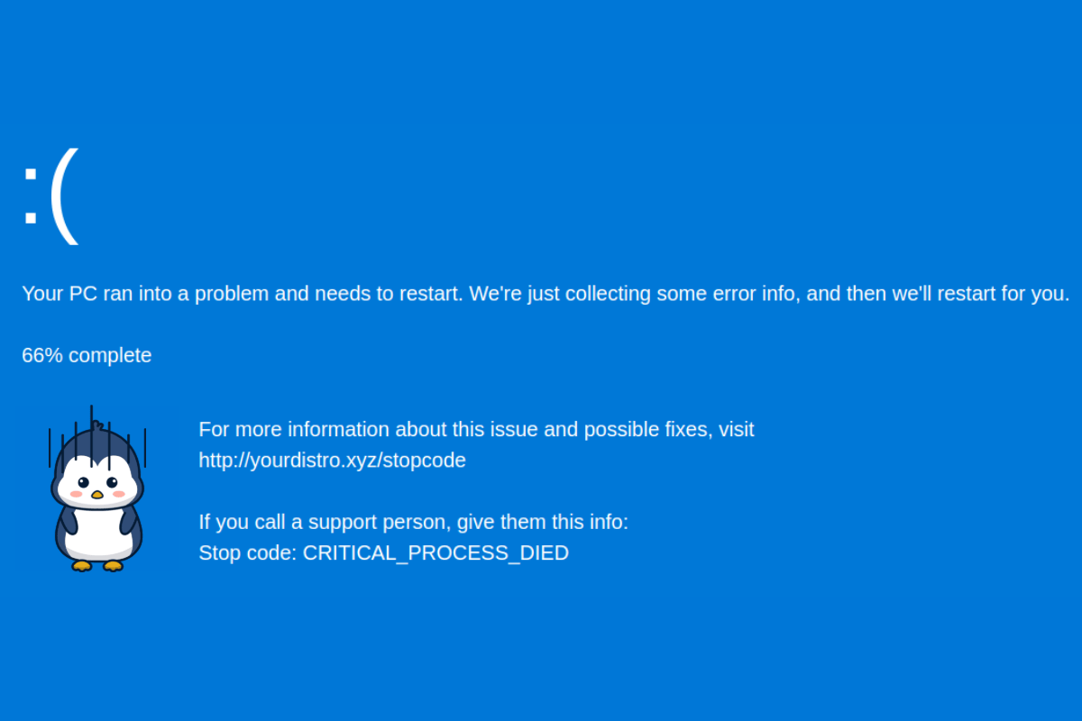 一個模擬的藍屏死機頁面（並非 Linux 上可能出現的樣子）